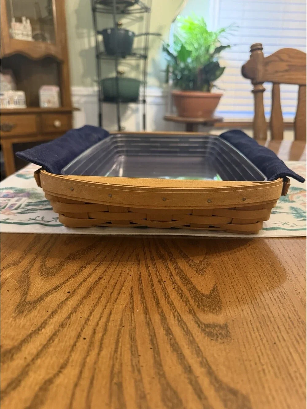 Longaberger 2004 Woven Wood Rectangle Storage Basket Blue Liner Protector